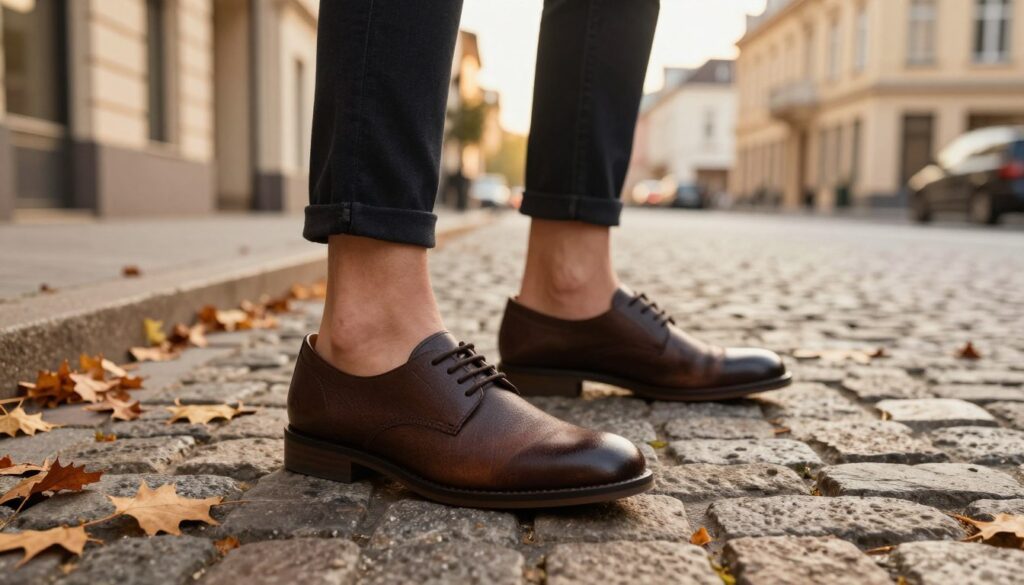 A stylish pair of Marwells shoes prominently displayed in the foreground, highlighting their unique design, craftsmanship, and texture. Surrounding the shoes, a chic outdoor setting featuring a cobblestone path lined with autumn leaves, suggesting a trendy urban environment. In the middle ground, a well-dressed young adult wearing a professional outfit complements the shoes, demonstrating a fashion-forward look that emphasizes versatility and style. The background features softly blurred, elegant city architecture bathed in warm, golden hour lighting, creating a cozy and inviting atmosphere. The angle should provide a slight top-down view, drawing attention to the shoes while capturing the essence of modern fashion styling tips.