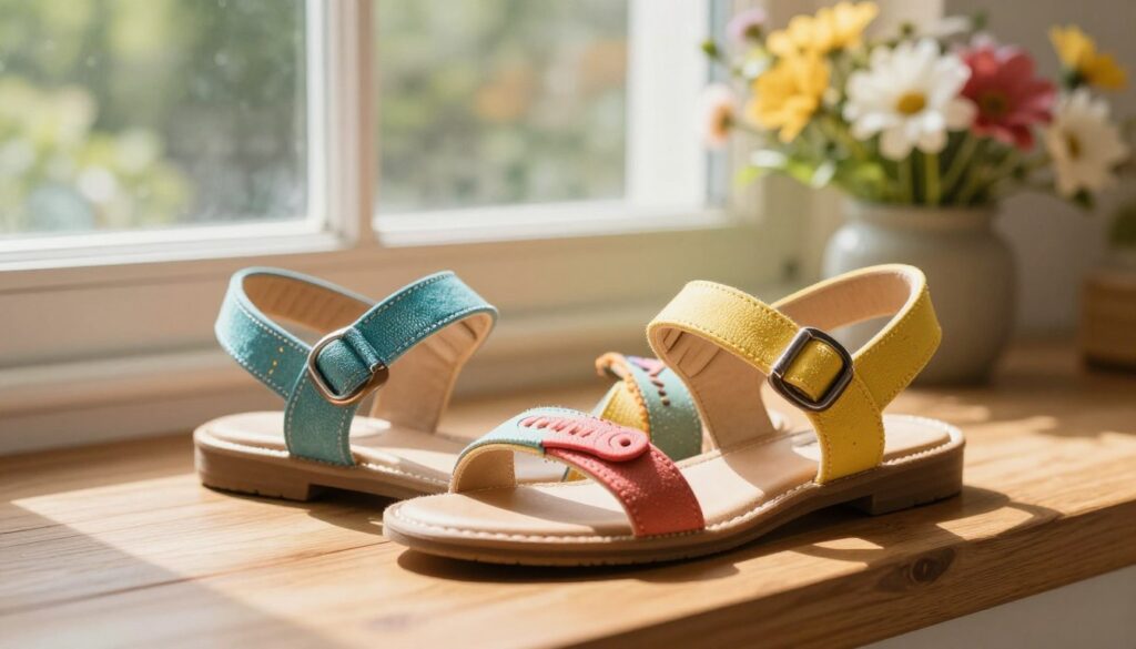 A stylish pair of Vices sandals prominently displayed in the foreground, featuring intricate strap designs and vibrant summer colors. The sandals are placed on a smooth wooden surface that complements their aesthetic. In the middle ground, soft, natural light filters through a nearby window, casting gentle shadows and enhancing the textures of the sandals. In the background, a blurred selection of seasonal flowers and greenery creates a fresh, inviting atmosphere that suggests a connection to nature and outdoor summer activities. The mood is cheerful and vibrant, perfect for highlighting a summer collection, with a shallow depth of field to draw focus on the sandals. The image should evoke a sense of comfort and style, making it ideal for showcasing women's footwear.