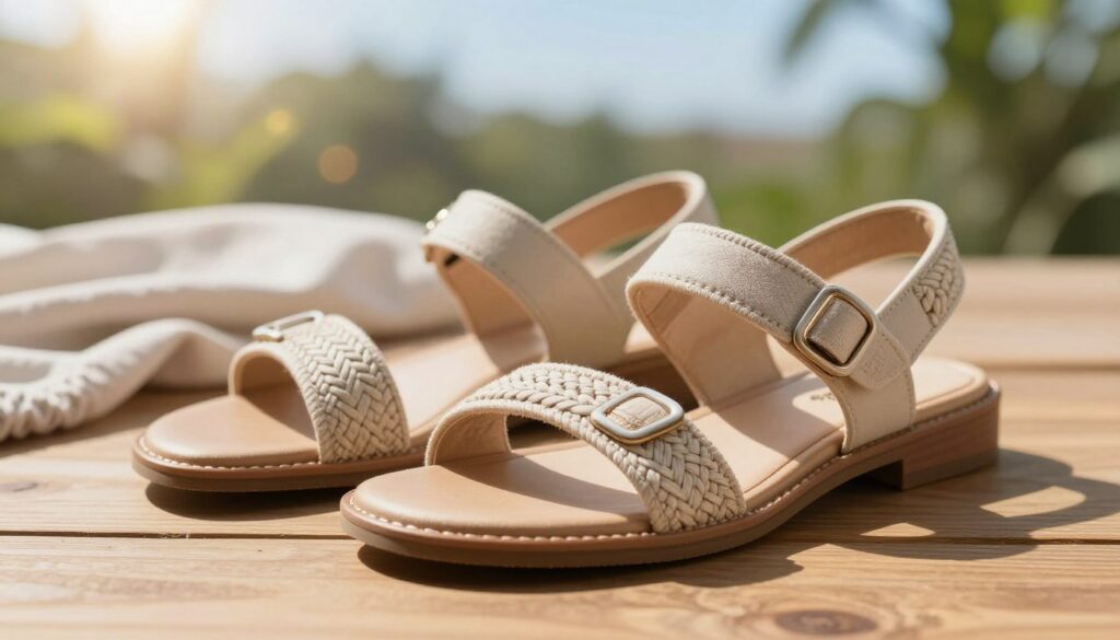 A stylish pair of elegant sandals displayed on a wooden surface, showcasing intricate details such as woven straps and comfortable cushioned soles. In the foreground, the sandals are positioned prominently, capturing the craftsmanship with a shallow depth of field. The mid-ground features soft fabric swatches in neutral tones to hint at casual daily outfits, creating a harmonious contrast with the sandals. In the background, a sunny outdoor setting with blurred green plants and a bright blue sky suggests a relaxed, inviting atmosphere. Use natural lighting to emphasize the textures of the sandals, with a slight lens flare to enhance the warmth of the scene. The overall mood should be casual yet stylish, suitable for everyday wear.