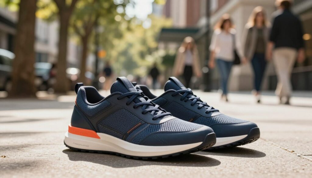 A stylish pair of modern sneakers, designed for ultimate comfort, placed prominently in the foreground. These sneakers exhibit sleek lines, a breathable mesh upper, and cushioned soles in a vibrant color scheme that conveys energy and style. The middle background features an inviting urban landscape, with soft sunlight filtering through trees, casting gentle shadows on the pathway. In the distant background, a blurred image of people engaged in daily activities, dressed in casual yet smart attire, adds to the lifestyle context. The overall lighting is warm and natural, suggesting a bright day, creating an atmosphere of casual elegance and everyday comfort. The angle is slightly low, emphasizing the sneakers while keeping the surroundings harmoniously integrated. A stylish pair of modern sneakers, designed for ultimate comfort, placed prominently in the foreground. These sneakers exhibit sleek lines, a breathable mesh upper, and cushioned soles in a vibrant color scheme that conveys energy and style. The middle background features an inviting urban landscape, with soft sunlight filtering through trees, casting gentle shadows on the pathway. In the distant background, a blurred image of people engaged in daily activities, dressed in casual yet smart attire, adds to the lifestyle context. The overall lighting is warm and natural, suggesting a bright day, creating an atmosphere of casual elegance and everyday comfort. The angle is slightly low, emphasizing the sneakers while keeping the surroundings harmoniously integrated.