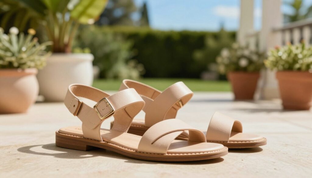 A stylish pair of summer sandals designed for comfort and elegance, prominently displayed in the foreground. The sandals feature intricate details, such as soft leather straps, cushioning, and a fashionable design suitable for both casual and semi-formal occasions. In the middle ground, a serene outdoor setting with lush greenery and soft, natural sunlight creates a warm and inviting atmosphere. The background showcases a patio with decorative elements like potted plants and a blurred glimpse of a vibrant blue sky, enhancing the seasonal feel. Capture this scene with bright, natural lighting, focusing on a soft depth of field to highlight the sandals while softly blurring the background. The mood is relaxed and summery, perfect for illustrating the versatility of footwear across seasons. A stylish pair of summer sandals designed for comfort and elegance, prominently displayed in the foreground. The sandals feature intricate details, such as soft leather straps, cushioning, and a fashionable design suitable for both casual and semi-formal occasions. In the middle ground, a serene outdoor setting with lush greenery and soft, natural sunlight creates a warm and inviting atmosphere. The background showcases a patio with decorative elements like potted plants and a blurred glimpse of a vibrant blue sky, enhancing the seasonal feel. Capture this scene with bright, natural lighting, focusing on a soft depth of field to highlight the sandals while softly blurring the background. The mood is relaxed and summery, perfect for illustrating the versatility of footwear across seasons.