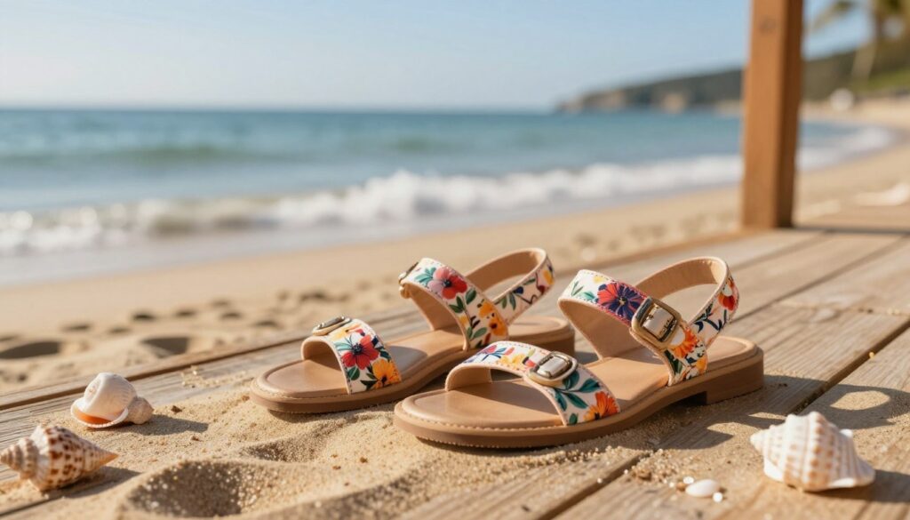 A stylish pair of women's summer sandals, or "klapki damskie," elegantly displayed on a wooden deck near a serene beach setting. The sandals are made of soft, high-quality materials with a vibrant floral pattern, catching the warm sunlight. In the foreground, the sandals rest on a sandy surface, accompanied by decorative seashells, creating a casual yet chic beach vibe. In the middle ground, a gentle wave laps at the shore, with soft shadows cast by the late afternoon sun. The background features a clear blue sky, enhancing the atmosphere of a perfect summer day. The overall mood is relaxed and inviting, ideal for a summer getaway. Natural lighting highlights the textures of the sandals, while a shallow depth of field focuses on the footwear, creating a warm and summery ambiance. A stylish pair of women's summer sandals, or "klapki damskie," elegantly displayed on a wooden deck near a serene beach setting. The sandals are made of soft, high-quality materials with a vibrant floral pattern, catching the warm sunlight. In the foreground, the sandals rest on a sandy surface, accompanied by decorative seashells, creating a casual yet chic beach vibe. In the middle ground, a gentle wave laps at the shore, with soft shadows cast by the late afternoon sun. The background features a clear blue sky, enhancing the atmosphere of a perfect summer day. The overall mood is relaxed and inviting, ideal for a summer getaway. Natural lighting highlights the textures of the sandals, while a shallow depth of field focuses on the footwear, creating a warm and summery ambiance.