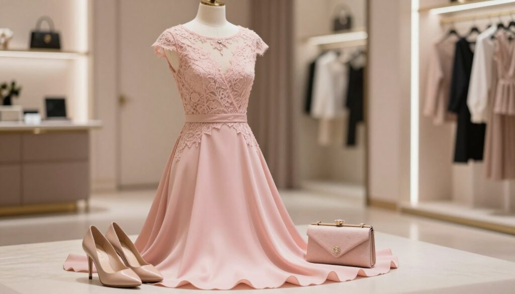 A stylish pink dress displayed elegantly on a mannequin, capturing the essence of sophistication and charm. The dress features delicate lace accents and a flowing silhouette, emphasizing its feminine allure. Surrounding the dress are complementary accessories: a pair of sleek nude high heels and a matching clutch bag, alongside tasteful jewelry that sparkles gently. The foreground showcases soft, warm lighting that highlights the texture of the fabric, while the middle ground is adorned with a blurred, elegant interior setting, such as a chic dressing room or boutique. The atmosphere is inviting and fashionable, evoking a sense of inspiration for selecting the perfect footwear and accessories to complete the look. The composition should be photographed from a slight angle, focusing on the dress and accessories, with a soft bokeh background for depth. A stylish pink dress displayed elegantly on a mannequin, capturing the essence of sophistication and charm. The dress features delicate lace accents and a flowing silhouette, emphasizing its feminine allure. Surrounding the dress are complementary accessories: a pair of sleek nude high heels and a matching clutch bag, alongside tasteful jewelry that sparkles gently. The foreground showcases soft, warm lighting that highlights the texture of the fabric, while the middle ground is adorned with a blurred, elegant interior setting, such as a chic dressing room or boutique. The atmosphere is inviting and fashionable, evoking a sense of inspiration for selecting the perfect footwear and accessories to complete the look. The composition should be photographed from a slight angle, focusing on the dress and accessories, with a soft bokeh background for depth.