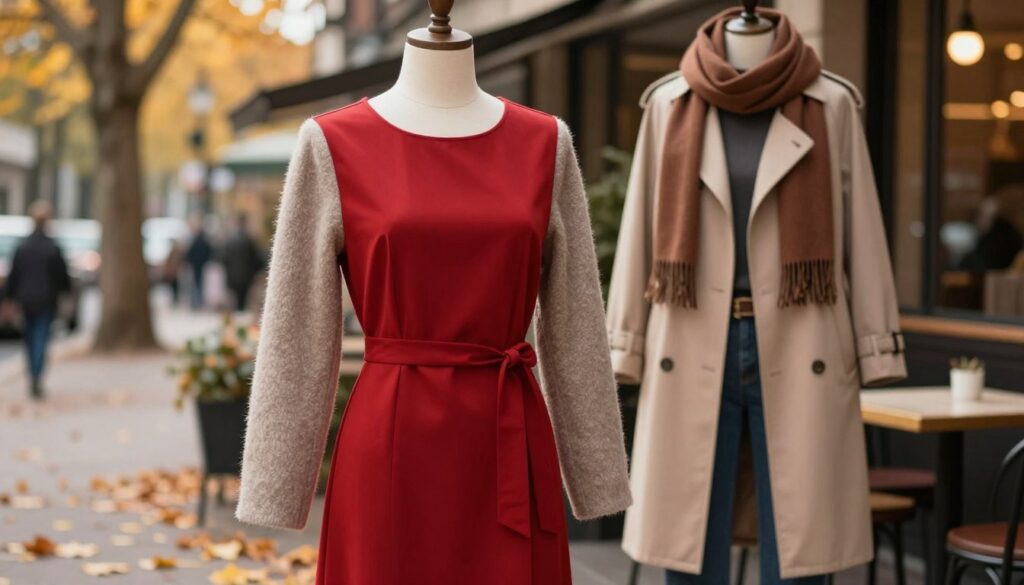 A stylish red dress is featured prominently in the foreground, elegantly draped on a mannequin or displayed by a model wearing modest casual attire. The dress is complemented by chic autumn and winter outerwear, including a cozy, textured coat in neutral colors, a sleek trench coat, and a fashionable scarf, all showcasing layered styling without overwhelming the dress. The background is set in a soft-focus urban autumn scene, with fallen leaves, a hint of golden light filtering through trees, and an inviting outdoor café. This ambiance evokes a warm, fashionable atmosphere, illuminated by soft, natural light. The composition captures the essence of autumn style, allowing the striking red dress to shine through while maintaining harmony with the outerwear accessories.