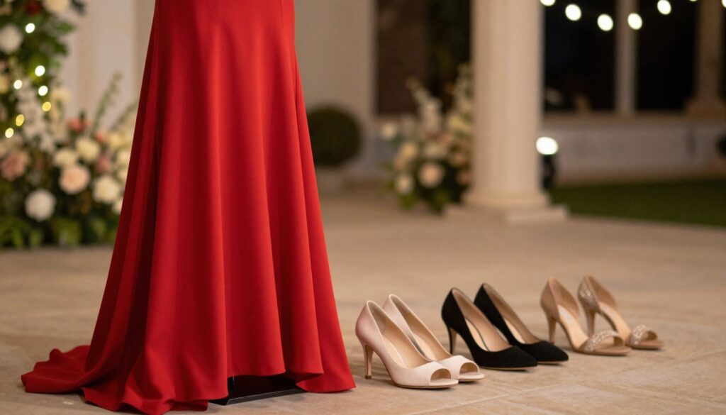 A stylish red dress with a flowing silhouette hangs elegantly on a dress form in the foreground, showcasing its fine fabric and intricate details. Beside it, a variety of elegant shoes in different styles and colors—heels, flats, and sandals—are arranged artistically to display the options for pairing with the dress. In the middle ground, a soft-focus setting of a romantic, outdoor evening scene with warm lighting casts a gentle glow, evoking a sophisticated atmosphere suitable for a wedding or special event. The background features blurred floral arrangements and twinkling fairy lights, enhancing the mood of elegance and celebration. Capture the image with a soft-focus lens to emphasize the textures and colors while maintaining a balanced composition.