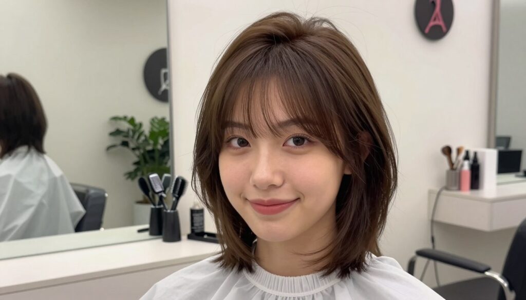 A stylish teenage model with medium-length, trendy hairstyles that complement their heart-shaped face, showcasing the latest haircuts tailored for various face shapes. The foreground features the model smiling confidently, with soft, natural makeup that enhances their features. The middle ground includes a cozy, bright salon environment with a large mirror reflecting the hairstyle, providing an engaging context. In the background, hairdressing tools and decor suggest a fashion-forward atmosphere. The lighting is bright and even, casting gentle shadows to add depth, while the angle captures a close-up view of the hairstyle in focus. The overall mood is youthful and fresh, highlighting contemporary hair trends that are easy to style. A stylish teenage model with medium-length, trendy hairstyles that complement their heart-shaped face, showcasing the latest haircuts tailored for various face shapes. The foreground features the model smiling confidently, with soft, natural makeup that enhances their features. The middle ground includes a cozy, bright salon environment with a large mirror reflecting the hairstyle, providing an engaging context. In the background, hairdressing tools and decor suggest a fashion-forward atmosphere. The lighting is bright and even, casting gentle shadows to add depth, while the angle captures a close-up view of the hairstyle in focus. The overall mood is youthful and fresh, highlighting contemporary hair trends that are easy to style.