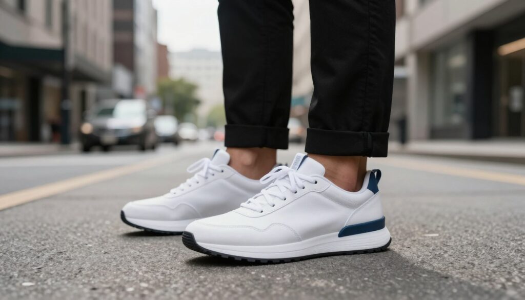 A stylish urban scene featuring a pair of modern, sleek sneakers placed prominently in the foreground on a textured concrete surface, showcasing their trendy design and vibrant white color. The middle ground includes a pair of black trousers, elegantly styled to complement the sneakers, while subtle textures and shadows enhance the visual appeal. In the background, a dynamic cityscape with blurred outlines of buildings and street elements creates a lively atmosphere, with soft, natural lighting filtering through, casting gentle highlights and shadows. Capture the essence of urban fashion, emphasizing the sneakers as a foundational element of contemporary style, evoking a sense of modernity and casual chic. A stylish urban scene featuring a pair of modern, sleek sneakers placed prominently in the foreground on a textured concrete surface, showcasing their trendy design and vibrant white color. The middle ground includes a pair of black trousers, elegantly styled to complement the sneakers, while subtle textures and shadows enhance the visual appeal. In the background, a dynamic cityscape with blurred outlines of buildings and street elements creates a lively atmosphere, with soft, natural lighting filtering through, casting gentle highlights and shadows. Capture the essence of urban fashion, emphasizing the sneakers as a foundational element of contemporary style, evoking a sense of modernity and casual chic.