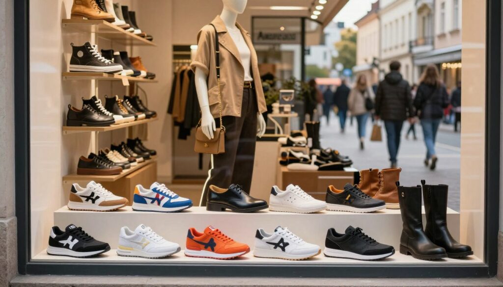 A stylish urban storefront showcasing a vibrant display of "Americanos" shoes, set against a sunny afternoon in a bustling Polish city. In the foreground, a neatly arranged array of various shoe styles, from sneakers to boots, featuring bold colors and sleek designs. In the middle ground, a well-dressed mannequin wearing a trendy outfit that complements the shoes, reflecting a modern fashion sensibility. The background features lively street activity with people walking by, hinting at a revival of the brand in Poland. Soft, warm lighting enhances the inviting atmosphere, while a slight depth of field creates focus on the shoes, conveying excitement and a sense of new beginnings for the brand. The image should be professional and polished, with no text or branding elements. A stylish urban storefront showcasing a vibrant display of "Americanos" shoes, set against a sunny afternoon in a bustling Polish city. In the foreground, a neatly arranged array of various shoe styles, from sneakers to boots, featuring bold colors and sleek designs. In the middle ground, a well-dressed mannequin wearing a trendy outfit that complements the shoes, reflecting a modern fashion sensibility. The background features lively street activity with people walking by, hinting at a revival of the brand in Poland. Soft, warm lighting enhances the inviting atmosphere, while a slight depth of field creates focus on the shoes, conveying excitement and a sense of new beginnings for the brand. The image should be professional and polished, with no text or branding elements.