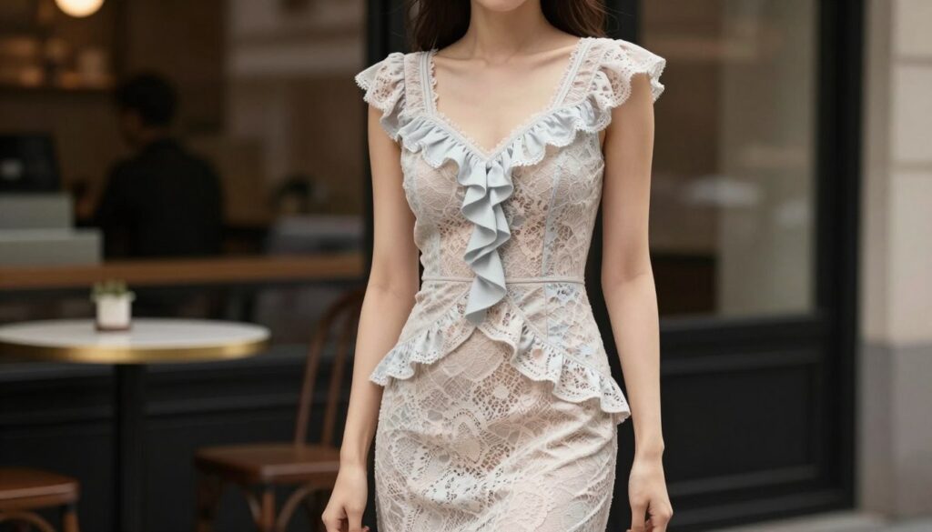 A stylish woman wearing a smart, modest dress in soft pastel colors, designed to elegantly conceal a prominent neckline. She stands confidently in a chic urban setting, with a blurred café scene in the background. The dress features delicate lace detailing and strategically placed ruffles that add feminine charm while ensuring comfort and discretion. Soft, natural lighting enhances the inviting atmosphere, casting gentle shadows that accentuate her gracefulness. The camera angle is slightly tilted upward, focusing on her poise and the intricate patterns of the fabric, while the background remains softly out of focus. This scene embodies a balance of elegance and practicality, showcasing a sophisticated alternative to alterations for a flattering silhouette. A stylish woman wearing a smart, modest dress in soft pastel colors, designed to elegantly conceal a prominent neckline. She stands confidently in a chic urban setting, with a blurred café scene in the background. The dress features delicate lace detailing and strategically placed ruffles that add feminine charm while ensuring comfort and discretion. Soft, natural lighting enhances the inviting atmosphere, casting gentle shadows that accentuate her gracefulness. The camera angle is slightly tilted upward, focusing on her poise and the intricate patterns of the fabric, while the background remains softly out of focus. This scene embodies a balance of elegance and practicality, showcasing a sophisticated alternative to alterations for a flattering silhouette.