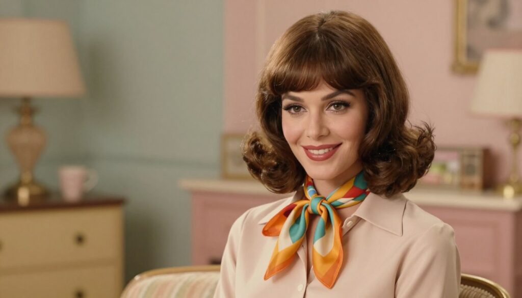 A stylish woman with a glamorous 1970s ‘angel cut’ hairstyle, featuring soft, cascading layers that frame her face, combining voluminous curls and feathered ends. In the foreground, she is posing confidently with a warm smile, dressed in a chic, modest blouse, and a vibrant retro-patterned scarf that echoes the fashionable essence of the era. The background showcases an elegant vintage setting with muted pastel colors, vintage furniture, and soft ambient lighting that reflects a nostalgic 70s vibe. The scene is beautifully lit, creating gentle highlights on her hair and skin, while a subtle bokeh effect gives depth to the background, enhancing the overall warm and inviting atmosphere. A stylish woman with a glamorous 1970s ‘angel cut’ hairstyle, featuring soft, cascading layers that frame her face, combining voluminous curls and feathered ends. In the foreground, she is posing confidently with a warm smile, dressed in a chic, modest blouse, and a vibrant retro-patterned scarf that echoes the fashionable essence of the era. The background showcases an elegant vintage setting with muted pastel colors, vintage furniture, and soft ambient lighting that reflects a nostalgic 70s vibe. The scene is beautifully lit, creating gentle highlights on her hair and skin, while a subtle bokeh effect gives depth to the background, enhancing the overall warm and inviting atmosphere.