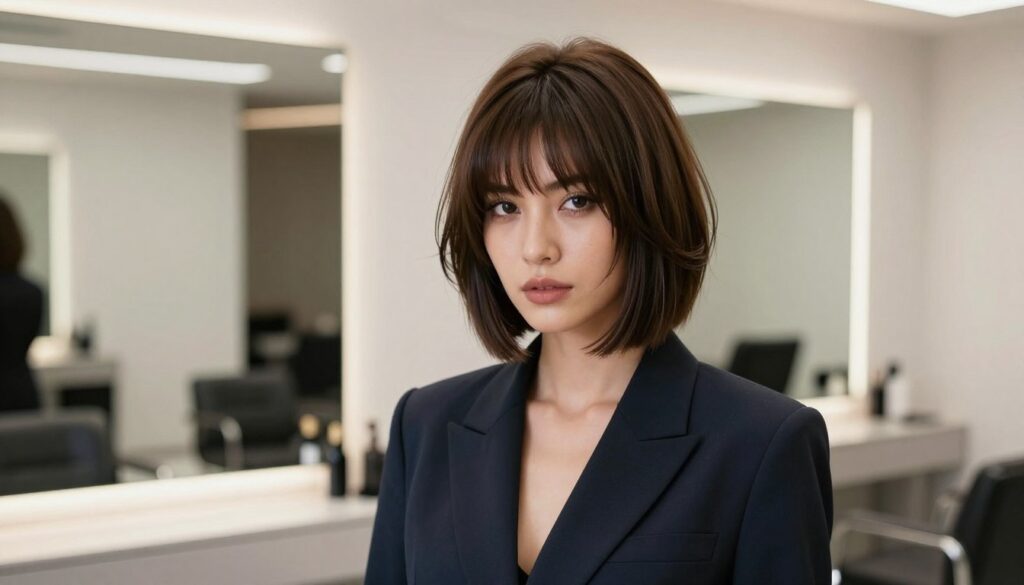 A stylish woman with an asymmetrical haircut stands confidently in a modern salon setting. The haircut features one side significantly shorter than the other, with dynamic layers that frame her face. She wears a chic, professional outfit, with soft lighting illuminating her features and highlighting the texture of her hair. The background showcases a contemporary salon environment with elegant mirrors and minimalist decor, accentuating the modern feel. A subtle bokeh effect gives depth to the scene, drawing attention to the woman's striking hairstyle. The overall mood is empowering and fashionable, embodying the spirit of modern femininity and sophistication. A stylish woman with an asymmetrical haircut stands confidently in a modern salon setting. The haircut features one side significantly shorter than the other, with dynamic layers that frame her face. She wears a chic, professional outfit, with soft lighting illuminating her features and highlighting the texture of her hair. The background showcases a contemporary salon environment with elegant mirrors and minimalist decor, accentuating the modern feel. A subtle bokeh effect gives depth to the scene, drawing attention to the woman's striking hairstyle. The overall mood is empowering and fashionable, embodying the spirit of modern femininity and sophistication.