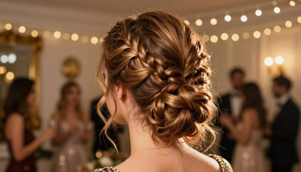 A stylish woman with voluminous, carefully styled hair stands in the foreground, showcasing an eye-catching party updo. Her hair features soft waves and intricate braids that create an illusion of fullness, accentuating the vibrant atmosphere of a festive event. In the middle ground, a warm, softly lit room is adorned with fairy lights and elegant decorations, setting a celebratory mood. The lighting is soft and golden, casting a flattering glow on the woman's hair, highlighting its texture and volume. The background is slightly blurred, emphasizing the woman as the focal point while hinting at a lively party scene. Capture this joyful yet chic ambiance, suggesting energy and excitement for a night out. A stylish woman with voluminous, carefully styled hair stands in the foreground, showcasing an eye-catching party updo. Her hair features soft waves and intricate braids that create an illusion of fullness, accentuating the vibrant atmosphere of a festive event. In the middle ground, a warm, softly lit room is adorned with fairy lights and elegant decorations, setting a celebratory mood. The lighting is soft and golden, casting a flattering glow on the woman's hair, highlighting its texture and volume. The background is slightly blurred, emphasizing the woman as the focal point while hinting at a lively party scene. Capture this joyful yet chic ambiance, suggesting energy and excitement for a night out.