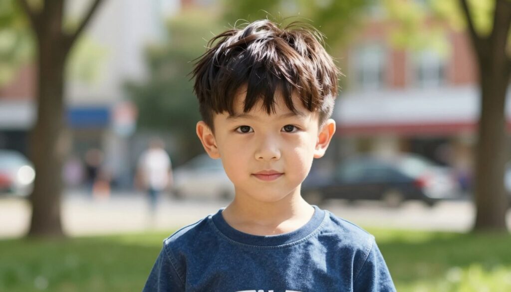 A stylish young boy with a modern take on the classic mushroom haircut, featuring soft, textured layers framing his round face. The boy is wearing a casual, smart outfit, perhaps a fitted t-shirt and denim jeans, exuding a trendy vibe. His hairstyle showcases an asymmetrical twist, blending classic and contemporary elements, with a shiny finish that catches the light. The background is softly blurred to emphasize the boy, featuring a colorful urban park setting with sunlight filtering through the trees, creating a lively yet relaxed atmosphere. The scene is captured at eye level with a shallow depth of field, ensuring the focus remains on the haircut and the youthful confidence of the boy. A stylish young boy with a modern take on the classic mushroom haircut, featuring soft, textured layers framing his round face. The boy is wearing a casual, smart outfit, perhaps a fitted t-shirt and denim jeans, exuding a trendy vibe. His hairstyle showcases an asymmetrical twist, blending classic and contemporary elements, with a shiny finish that catches the light. The background is softly blurred to emphasize the boy, featuring a colorful urban park setting with sunlight filtering through the trees, creating a lively yet relaxed atmosphere. The scene is captured at eye level with a shallow depth of field, ensuring the focus remains on the haircut and the youthful confidence of the boy.