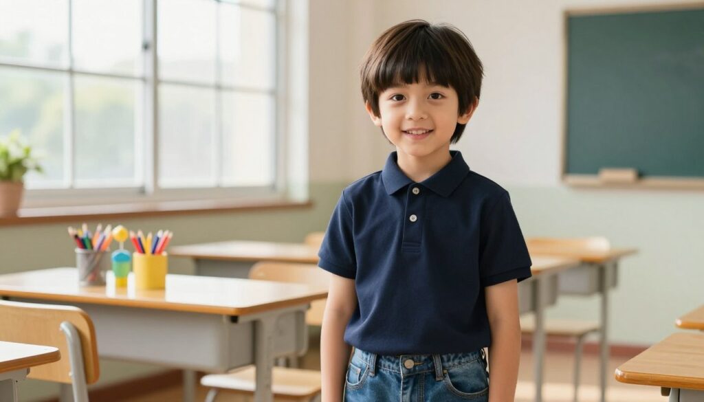 A stylish young boy with a sleek samurai-inspired fringe hairstyle stands confidently in a modern classroom setting. His hair is well-groomed, with defined layers creating a sharp, contemporary look. The boy is dressed in a smart, casual outfit - a fitted polo and jeans, reflecting a trendy yet appropriate style for school. The foreground features the boy's face, showcasing his bright expression and playful attitude, while the middle ground includes a few colorful school supplies on a desk. The background reveals a sunny classroom with large windows, allowing warm, natural light to illuminate the scene. The atmosphere is vibrant and energetic, capturing the essence of youth and creativity in an academic environment.