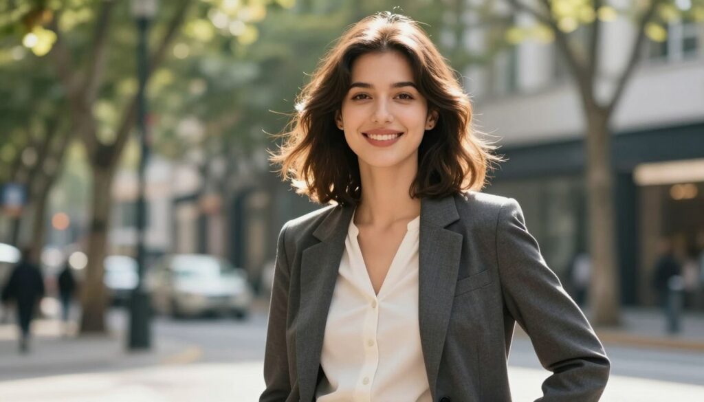 A stylish young woman with medium-length hair, elegantly framing her face, stands confidently in a modern urban setting. The focus is on her hair’s texture and length, showcasing how it complements her professional attire—a tailored blazer and fitted blouse. The woman is smiling, exuding a positive and approachable vibe, with sunlight filtering through the trees in the background, casting a warm glow on her hair. The scene is framed from a slightly low angle to emphasize her confidence. Soft bokeh effects in the background hint at a busy street, creating an atmosphere of dynamic urban life while keeping the attention on the subject’s hair and outfit. A stylish young woman with medium-length hair, elegantly framing her face, stands confidently in a modern urban setting. The focus is on her hair’s texture and length, showcasing how it complements her professional attire—a tailored blazer and fitted blouse. The woman is smiling, exuding a positive and approachable vibe, with sunlight filtering through the trees in the background, casting a warm glow on her hair. The scene is framed from a slightly low angle to emphasize her confidence. Soft bokeh effects in the background hint at a busy street, creating an atmosphere of dynamic urban life while keeping the attention on the subject’s hair and outfit.