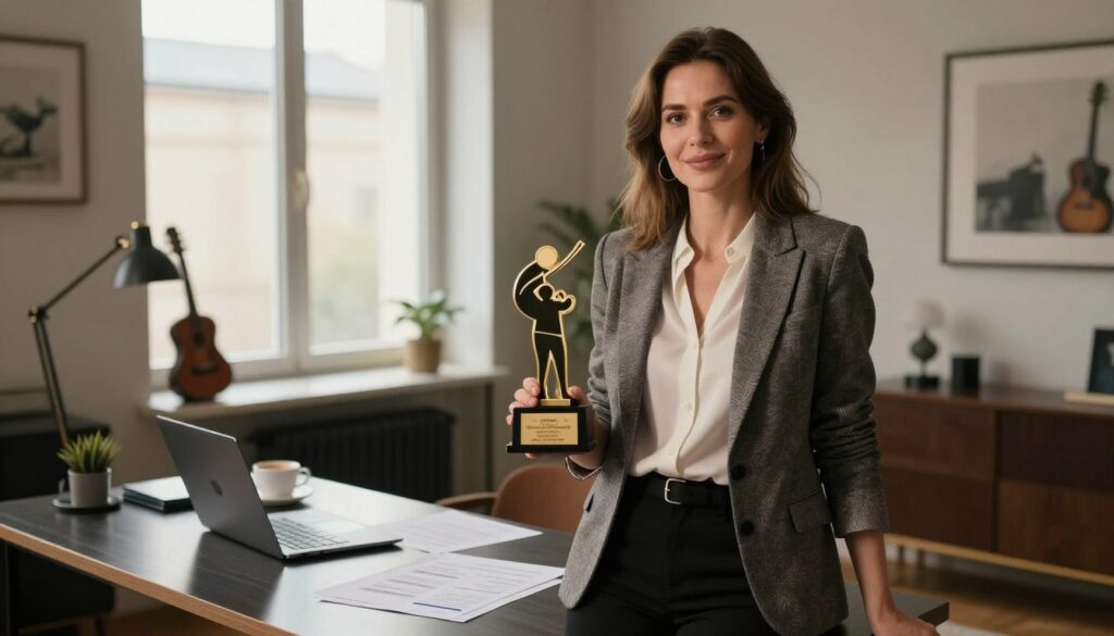 A successful female entrepreneur in her 30s, Stenia Kozłowska, stands confidently in an elegant home office, embodying the transition from music success to business. The foreground features Stenia in professional attire, a tailored blazer over a smart blouse, holding a music award, symbolizing her past achievements. The middle section showcases a modern desk with business documents, a laptop, and a coffee cup, emphasizing her current entrepreneurial focus. In the background, large windows let in soft, natural light, casting a warm glow throughout the room, decorated with musical instruments hinting at her musical background. The atmosphere conveys ambition and inspiration, blending elements of her journey with a sophisticated business ambiance, captured from a slightly elevated angle.