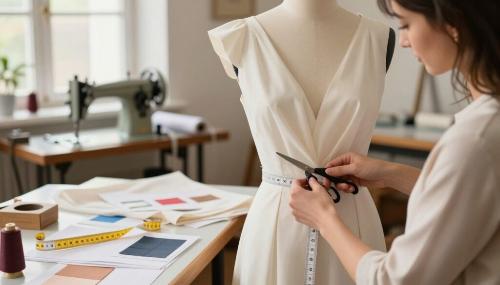 A tailor's workshop featuring an expert seamstress carefully adjusting the neckline of a dress. In the foreground, the seamstress, dressed in modest professional attire, is using a pair of scissors and pins to make precise alterations, showcasing her skilled hands. In the middle, an elegant dress hangs on a dress form, with an oversized neckline being transformed into a more refined shape. Surrounding this scene, sewing tools, fabric swatches, and a measuring tape are neatly arranged on a wooden table, adding context to the tailoring process. The background reveals a soft-focus view of vintage sewing machines and rolls of fabric, illuminated by warm, natural light streaming through a window, creating an inviting and productive atmosphere. A tailor's workshop featuring an expert seamstress carefully adjusting the neckline of a dress. In the foreground, the seamstress, dressed in modest professional attire, is using a pair of scissors and pins to make precise alterations, showcasing her skilled hands. In the middle, an elegant dress hangs on a dress form, with an oversized neckline being transformed into a more refined shape. Surrounding this scene, sewing tools, fabric swatches, and a measuring tape are neatly arranged on a wooden table, adding context to the tailoring process. The background reveals a soft-focus view of vintage sewing machines and rolls of fabric, illuminated by warm, natural light streaming through a window, creating an inviting and productive atmosphere.