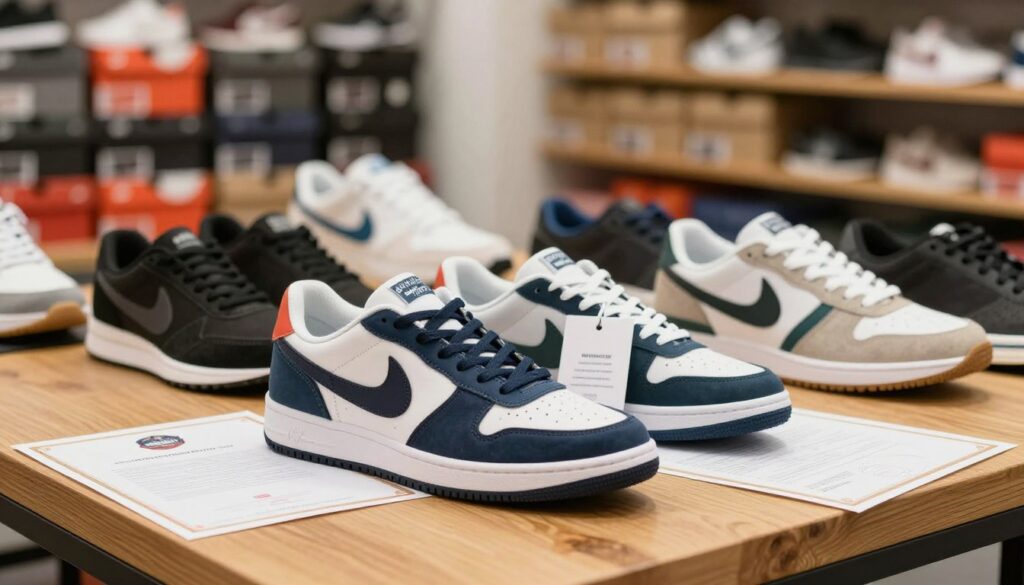 A vibrant and engaging image showcasing the concept of product authenticity in the realm of footwear. In the foreground, display a pair of stylish, original sneakers, prominently featured on a wooden table, surrounded by authenticity certificates and product tags. The middle ground should include a soft-focus display of various branded shoes, hinting at the diversity of options available. In the background, softly lit shelves stacked with shoe boxes create a warm and inviting retail environment. Use natural lighting to enhance the colors and textures, capturing a sense of trust and quality. The atmosphere should reflect professionalism and confidence, appealing to consumers seeking genuine products.