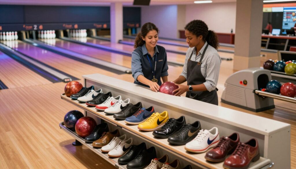 A vibrant bowling alley interior, featuring a shoe rental counter as the focal point. In the foreground, a well-organized display of bowling shoes in various colors and styles, invitingly arranged on elegant shelves. The middle ground shows a friendly staff member assisting a customer, both dressed in casual yet professional attire, showcasing a welcoming atmosphere. In the background, illuminated bowling lanes with glowing pinsetters create a lively ambiance filled with the excitement of bowlers in action. Soft, warm lighting enhances the inviting atmosphere, while the perspective is slightly angled from above, capturing the essence of the rental experience. The overall mood is energetic and engaging, perfect for anyone looking to rent bowling shoes and enjoy the game.