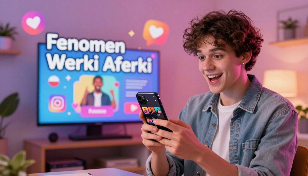 A vibrant digital art scene depicting the essence of "Fenomen Werki Aferki" in the Polish internet culture. In the foreground, an influencer figure, dressed in stylish yet modest casual clothing, is engaging with a smartphone, showcasing a lively social media feed. The expression on the influencer's face is one of enthusiasm, capturing the allure of online presence. In the middle, an eye-catching background features iconic symbols of Polish pop culture, colorful social media icons, and interactive digital elements, creating a dynamic and energetic atmosphere. The background is vivid with soft, warm lighting, suggesting a lively indoor space filled with decor that reflects modern trends. The overall mood is inspiring and engaging, illustrating the excitement around online influence in Poland. A vibrant digital art scene depicting the essence of "Fenomen Werki Aferki" in the Polish internet culture. In the foreground, an influencer figure, dressed in stylish yet modest casual clothing, is engaging with a smartphone, showcasing a lively social media feed. The expression on the influencer's face is one of enthusiasm, capturing the allure of online presence. In the middle, an eye-catching background features iconic symbols of Polish pop culture, colorful social media icons, and interactive digital elements, creating a dynamic and energetic atmosphere. The background is vivid with soft, warm lighting, suggesting a lively indoor space filled with decor that reflects modern trends. The overall mood is inspiring and engaging, illustrating the excitement around online influence in Poland.
