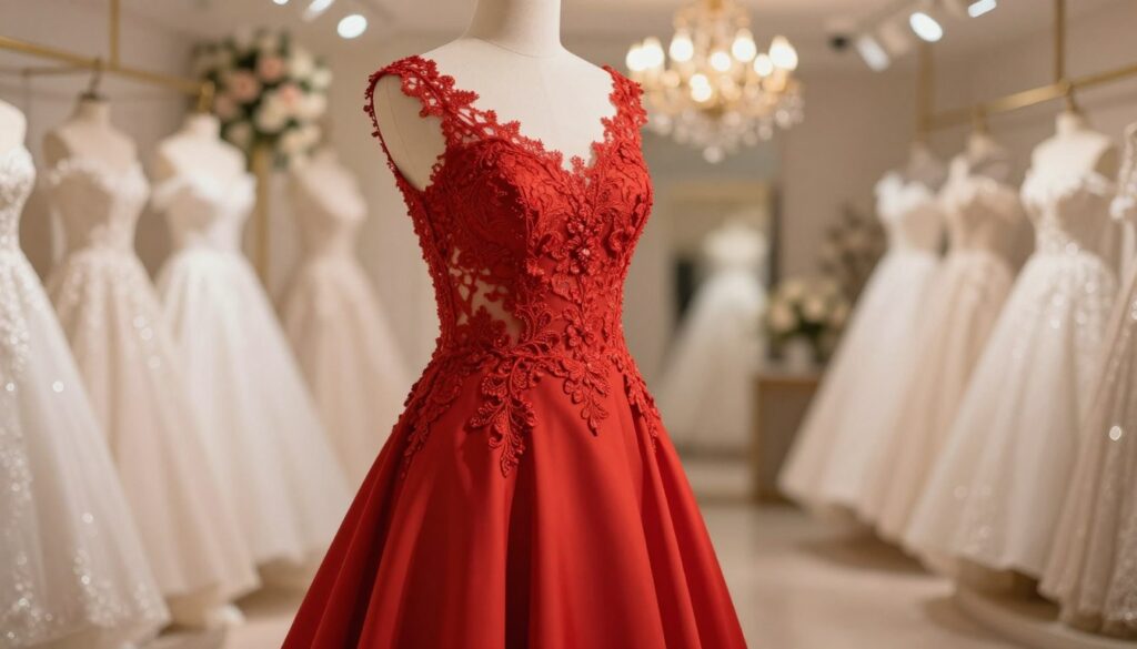 A vibrant red dress elegantly draped on a mannequin in a soft-focus bridal boutique setting. In the foreground, the dress features intricate lace detailing on the bodice and a flowing skirt. The background is filled with wedding-related decor, such as floral arrangements and softly glowing fairy lights, creating an enchanting atmosphere. The lighting is warm and inviting, casting gentle shadows that accentuate the dress's fabric. A shallow depth of field focuses on the dress while blurring the background, inviting viewers’ eyes to appreciate the exquisite craftsmanship. The overall mood is sophisticated and elegant, reflecting the theme of wedding attire while inviting contemplation on the cultural implications of wearing a red dress to a wedding. A vibrant red dress elegantly draped on a mannequin in a soft-focus bridal boutique setting. In the foreground, the dress features intricate lace detailing on the bodice and a flowing skirt. The background is filled with wedding-related decor, such as floral arrangements and softly glowing fairy lights, creating an enchanting atmosphere. The lighting is warm and inviting, casting gentle shadows that accentuate the dress's fabric. A shallow depth of field focuses on the dress while blurring the background, inviting viewers’ eyes to appreciate the exquisite craftsmanship. The overall mood is sophisticated and elegant, reflecting the theme of wedding attire while inviting contemplation on the cultural implications of wearing a red dress to a wedding.