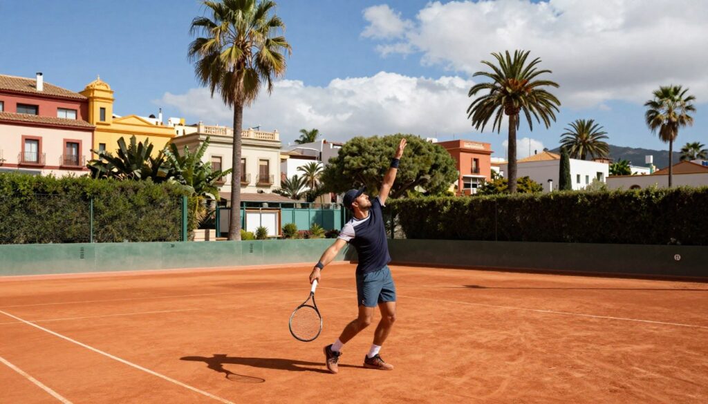 A vibrant scene of a professional male tennis player practicing on a sunlit clay court in Barcelona. In the foreground, the athlete, dressed in modest athletic wear, focuses on his serve, showcasing determination and skill. The middle ground features the vivid orange clay court, marked by chalk lines and surrounded by lush palm trees and green hedges. In the background, iconic Barcelona architecture is visible, with colorful buildings and a clear blue sky dotted with soft, fluffy clouds. The image captures the warm, inviting atmosphere of a Mediterranean afternoon, with bright sunlight casting soft shadows, enhancing the energy and vitality of the scene. The composition should have a dynamic angle, emphasizing both the player and the beauty of the location.