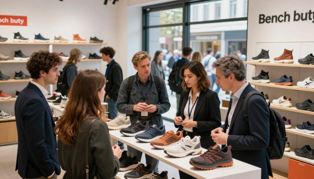 A visually striking image showcasing the concept of product availability in the context of "Bench buty" footwear. In the foreground, a diverse group of well-dressed individuals, men and women, engage in discussions while examining stylish sneakers and outdoor shoes displayed on modern shelves. In the middle ground, a vibrant retail environment filled with various shoe types, labeled clearly, highlighting product diversity and options. The background features a well-lit storefront with large windows, showing a bustling street scene that adds to the sense of market activity. Soft, natural lighting enhances the inviting atmosphere, while a slight depth of field creates focus on the footwear, drawing attention to their unique designs. The overall mood is energetic and professional, reflecting a thriving market.