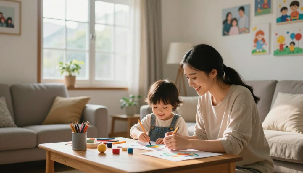 A warm and inviting domestic scene showcasing motherhood and family values in everyday life. In the foreground, a mother in modest casual clothing interacts with her young child, both smiling and engaged in a creative activity like painting or playing with toys. The middle ground features a cozy living room with soft, natural lighting filtering through large windows, casting gentle shadows that enhance the homely atmosphere. In the background, family photographs and colorful children's artwork adorn the walls, emphasizing the theme of family love and togetherness. The mood is peaceful and heartwarming, reflecting a nurturing home environment. The composition is captured with a soft focus to create an intimate and serene ambiance. A warm and inviting domestic scene showcasing motherhood and family values in everyday life. In the foreground, a mother in modest casual clothing interacts with her young child, both smiling and engaged in a creative activity like painting or playing with toys. The middle ground features a cozy living room with soft, natural lighting filtering through large windows, casting gentle shadows that enhance the homely atmosphere. In the background, family photographs and colorful children's artwork adorn the walls, emphasizing the theme of family love and togetherness. The mood is peaceful and heartwarming, reflecting a nurturing home environment. The composition is captured with a soft focus to create an intimate and serene ambiance.