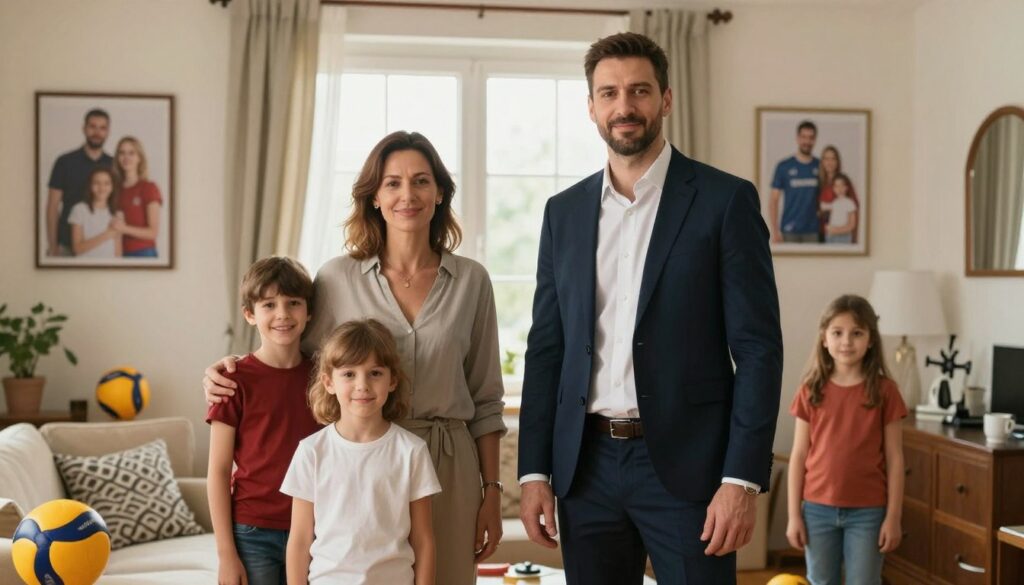 A warm family portrait of Nikola Grbić, the volleyball coach, surrounded by his loving family in a cozy living room. In the foreground, Nikola stands confidently in professional business attire, smiling gently at his spouse, who is dressed in modest casual clothing. Their children, also in casual attire, are playfully posing beside them, radiating joy and support. The middle ground features family portraits and volleyball memorabilia that reflect their bond with the sport. In the background, a sunny window allows soft, natural light to illuminate the scene, creating an inviting and uplifting atmosphere. The overall mood is one of love, unity, and dedication, highlighting the importance of family in Nikola's journey as a coach.