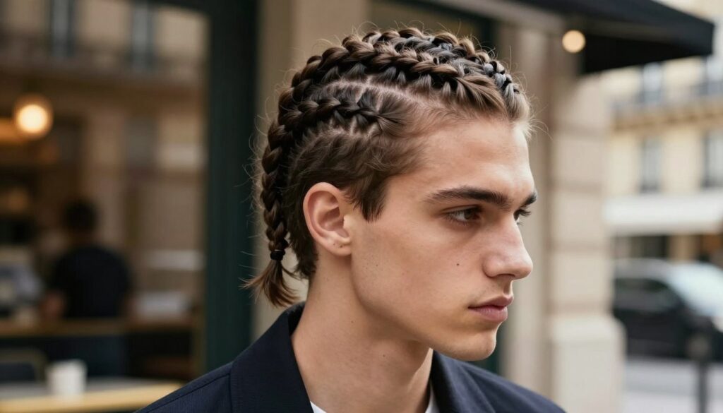 A well-groomed male model with a stylish "warkocz francuski" hairstyle, showcasing the intricacies of the French braid. The foreground features the model's head and shoulders, highlighting the braid's texture and detail. In the middle ground, soft, natural light illuminates his face, enhancing his sharp jawline and features. Set against a blurred café backdrop, with hints of Parisian architecture, the atmosphere conveys a chic and sophisticated vibe. The model is dressed in a smart casual outfit, combining elegance with modern flair. Shot from an angled perspective, this image captures the essence of contemporary male grooming trends while emphasizing the popularity and versatility of the French braid. A well-groomed male model with a stylish "warkocz francuski" hairstyle, showcasing the intricacies of the French braid. The foreground features the model's head and shoulders, highlighting the braid's texture and detail. In the middle ground, soft, natural light illuminates his face, enhancing his sharp jawline and features. Set against a blurred café backdrop, with hints of Parisian architecture, the atmosphere conveys a chic and sophisticated vibe. The model is dressed in a smart casual outfit, combining elegance with modern flair. Shot from an angled perspective, this image captures the essence of contemporary male grooming trends while emphasizing the popularity and versatility of the French braid.