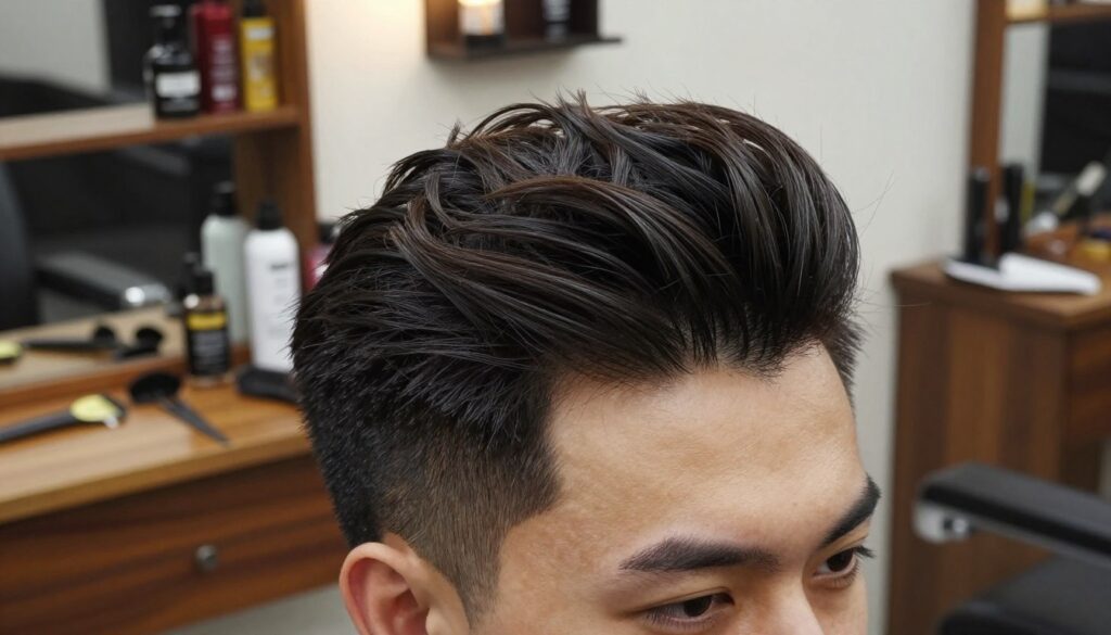 A well-groomed man showcasing a stylish pompadour hairstyle, emphasizing volume and texture. The foreground features close-up details of the hair, highlighting its smoothness and shine, with individual strands visible. The middle ground shows the man in a modern barbershop setting, wearing a smart casual shirt, with tools of a hairdresser subtly placed nearby. The background reveals shelves filled with hair products and vintage grooming tools, bathed in soft, warm lighting to create a cozy atmosphere. The image is captured at a slight angle, making the hairstyle the focal point, while maintaining a professional and polished vibe, reflecting the effort to keep hair looking sharp throughout the day. A well-groomed man showcasing a stylish pompadour hairstyle, emphasizing volume and texture. The foreground features close-up details of the hair, highlighting its smoothness and shine, with individual strands visible. The middle ground shows the man in a modern barbershop setting, wearing a smart casual shirt, with tools of a hairdresser subtly placed nearby. The background reveals shelves filled with hair products and vintage grooming tools, bathed in soft, warm lighting to create a cozy atmosphere. The image is captured at a slight angle, making the hairstyle the focal point, while maintaining a professional and polished vibe, reflecting the effort to keep hair looking sharp throughout the day.