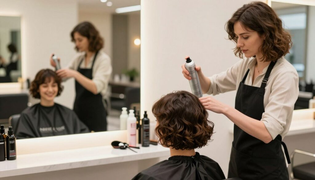 A well-lit hair salon setting featuring a professional stylist preparing short hair for elegant, natural waves. In the foreground, a female stylist dressed in a stylish yet professional outfit is shown carefully applying a heat protectant spray to the hair of a client, who has a joyful expression, sitting in a salon chair. The middle ground displays a mirror reflecting the stylist's focused demeanor, while various hair products and tools are neatly arranged on a nearby counter. The background features soft-focus salon decor with warm lighting, creating an inviting atmosphere. The image captures the essence of hair preparation, emphasizing care and expertise in styling short hair for waves.