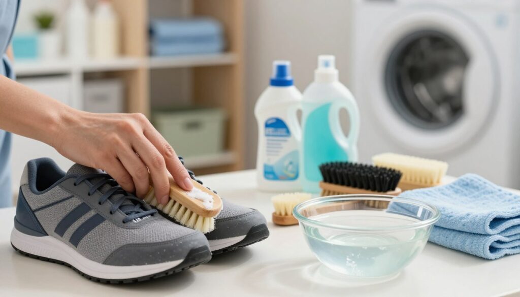 A well-lit scene focused on preparing shoes for washing, emphasizing the cleaning process. In the foreground, a pair of sneakers are being carefully cleaned with a soft brush and mild soap, showcasing their textures and details. A nearby bowl of water adds a splash of realism. In the middle, various shoe care items like detergent, brushes, and a cloth are neatly arranged on a clean surface. The background features a laundry room setting with shelves displaying neatly organized laundry supplies, soft lighting creating a warm and inviting atmosphere. The image captures a sense of care and attention to detail, emphasizing the importance of proper shoe cleaning preparation.