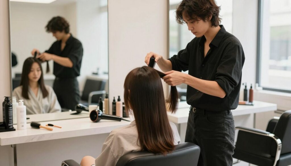 A well-lit, stylish salon setting serves as the background, featuring sleek mirrors and hair styling tools. In the foreground, a professional hairstylist, dressed in smart casual attire, is gently preparing a client’s hair for styling, focusing on creating a perfect middle part. The client has long, shiny hair, appearing relaxed and attentive while sitting in a modern salon chair, illuminated by soft, natural light filtering through large windows. The scene captures the essence of hair preparation with a warm, inviting atmosphere, showcasing hair products, brushes, and a blow dryer neatly arranged on a counter, emphasizing the systematic approach to achieving a trendy hairstyle. The composition should evoke a sense of professionalism and creativity in hair styling. A well-lit, stylish salon setting serves as the background, featuring sleek mirrors and hair styling tools. In the foreground, a professional hairstylist, dressed in smart casual attire, is gently preparing a client’s hair for styling, focusing on creating a perfect middle part. The client has long, shiny hair, appearing relaxed and attentive while sitting in a modern salon chair, illuminated by soft, natural light filtering through large windows. The scene captures the essence of hair preparation with a warm, inviting atmosphere, showcasing hair products, brushes, and a blow dryer neatly arranged on a counter, emphasizing the systematic approach to achieving a trendy hairstyle. The composition should evoke a sense of professionalism and creativity in hair styling.