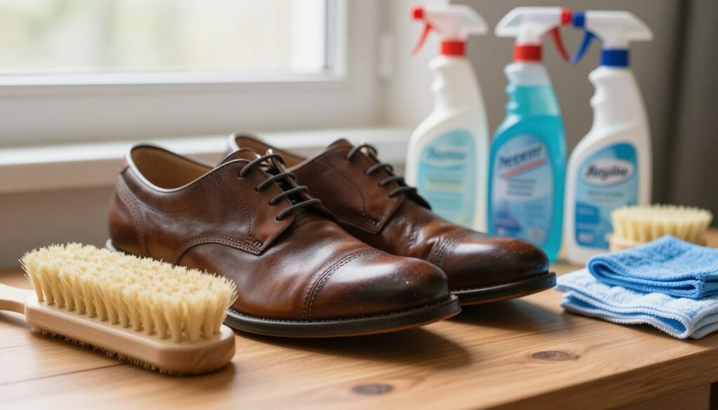 A well-maintained pair of shoes rests on a wooden surface, surrounded by various cleaning supplies like a soft brush, microfiber cloths, and shoe cleaner bottles, reflecting a cozy and organized cleaning space. In the foreground, a close-up view captures the shiny leather of the shoes and the delicate bristles of the brush gently touching the surface, emphasizing care and detail. In the middle ground, the cleaning supplies are neatly arranged, showcasing their different textures and colors, evoking a sense of readiness for the task. The background features soft, natural lighting filtering through a nearby window, creating a warm and inviting atmosphere. The image conveys professionalism, attention to detail, and the importance of maintaining footwear to extend its longevity. A well-maintained pair of shoes rests on a wooden surface, surrounded by various cleaning supplies like a soft brush, microfiber cloths, and shoe cleaner bottles, reflecting a cozy and organized cleaning space. In the foreground, a close-up view captures the shiny leather of the shoes and the delicate bristles of the brush gently touching the surface, emphasizing care and detail. In the middle ground, the cleaning supplies are neatly arranged, showcasing their different textures and colors, evoking a sense of readiness for the task. The background features soft, natural lighting filtering through a nearby window, creating a warm and inviting atmosphere. The image conveys professionalism, attention to detail, and the importance of maintaining footwear to extend its longevity.