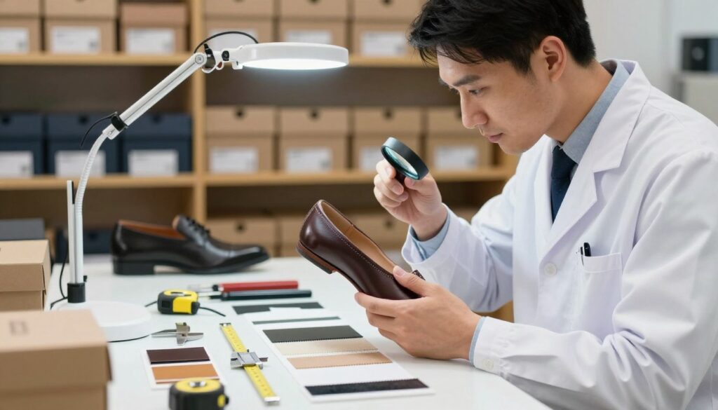 A well-organized quality control scene focusing on material inspection. In the foreground, a professional male quality inspector wearing a lab coat examines a pair of high-end shoes under bright, focused LED lighting. His hand holds a magnifying glass, revealing meticulous stitching and premium materials. In the middle, a workbench filled with various tools for inspection—calipers, measuring tape, and samples of different materials—adds depth. The background features shelves stocked with neatly arranged shoe boxes, softly lit to create a warm yet professional atmosphere. The overall mood conveys diligence and precision, emphasizing the importance of quality assurance in footwear production. The scene is captured from a slightly elevated angle to provide a comprehensive view.