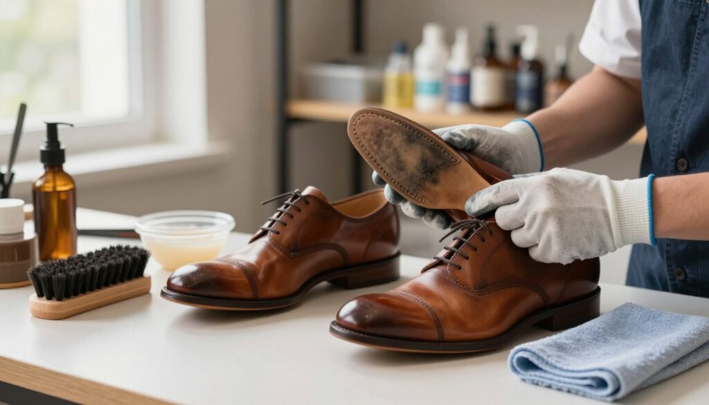 A well-organized workspace dedicated to preparing leather shoes for cleaning. In the foreground, a pair of polished leather shoes sits on a clean surface, surrounded by essential cleaning supplies like a soft brush, a microfiber cloth, and a small bowl of cleaning solution. In the middle, a hand wearing a professional work glove gently holds one shoe, inspecting it for scuffs and dirt. The background features a neatly arranged shelf with various shoe care products, complementing the setup. Soft, natural light filters through a nearby window, creating a warm and inviting atmosphere. The image conveys a sense of care and professionalism in leather shoe maintenance, focusing on the preparation process.