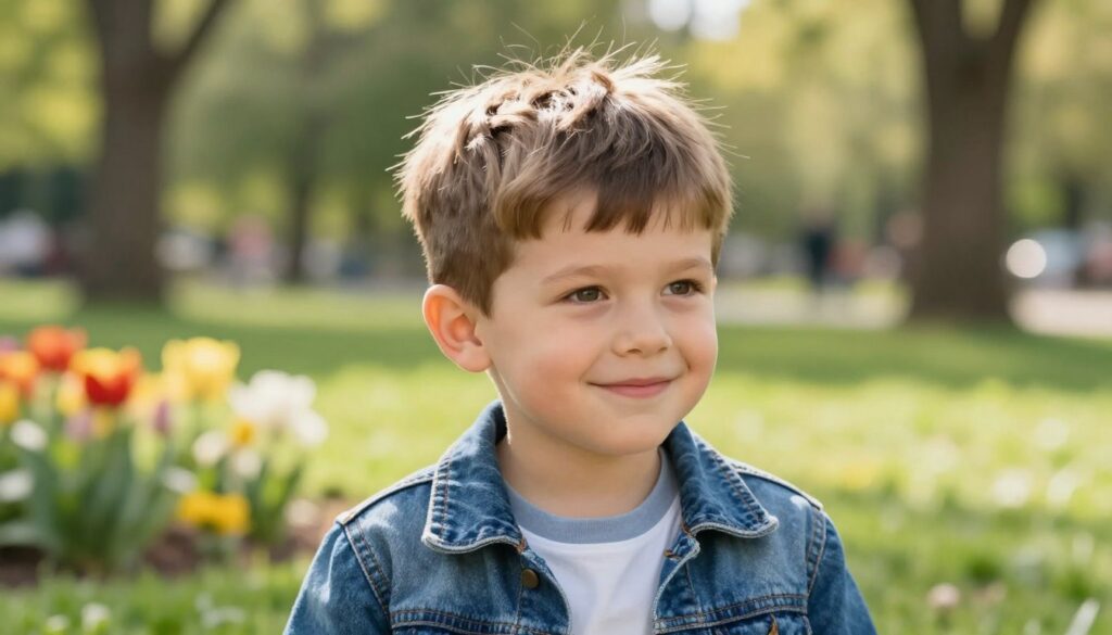 A young boy with a classic "bowl cut" hairstyle, showcasing the iconic fryzura grzybek style, sits confidently in a bright, sunny park. His hair is neatly trimmed to frame his round face, emphasizing his cheerful expression. In the foreground, the boy is dressed in a casual but stylish outfit, perhaps a simple t-shirt and denim jacket. The middle ground features blooming flowers and soft green grass, enhancing the vibrant atmosphere. In the background, soft-focus trees let the sunlight filter through, creating a warm, uplifting glow. The angle captures a slight upward perspective to highlight the hairstyle while ensuring the boy's facial features and style are front and center, conveying a sense of nostalgia and charm in the portrayal of classic children's hairstyles.