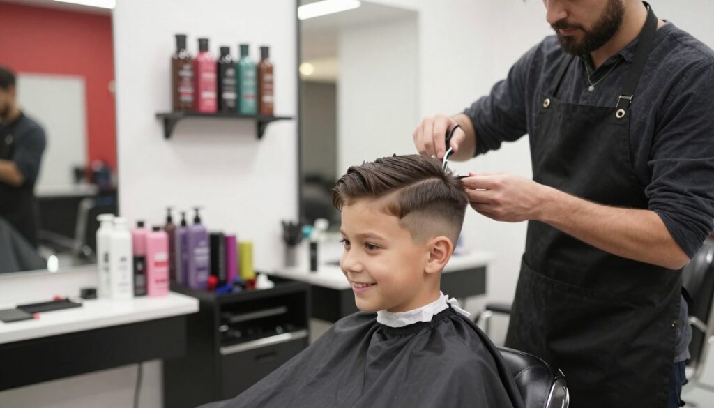 A young boy with a neat, stylish haircut sits in a bright, modern barbershop. The focus is on the boy's hair, demonstrating a practical and trendy haircut suitable for a 10-year-old, tailored for different hair types. In the foreground, the boy smiles in a professional barber chair, while the barber, dressed in a black apron and casual shirt, stands thoughtfully beside him with scissors in hand, analyzing the hair texture. The middle ground showcases various hair products on a shelf, while the background features large mirrors reflecting the vibrant atmosphere of the shop, filled with warm lighting that adds a cozy mood. The image captures a clean and professional vibe, emphasizing the importance of matching haircuts to hair types.
