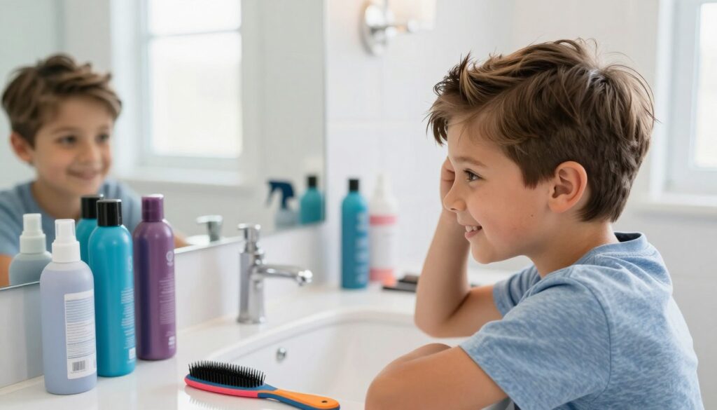 A young boy with a trendy fringe haircut sits in a well-lit modern bathroom, surrounded by a variety of hair styling products like gels and sprays. His expression is cheerful as he looks into a mirror, showcasing his neatly styled hair. In the foreground, there’s a colorful comb and a bottle of hair product placed on the counter. The background features soft, natural lighting coming through a window, enhancing the fresh and casual atmosphere of a typical morning routine. The overall mood is vibrant and lively, emphasizing the ease and style of everyday hair care for boys heading to school. The image is shot from a slightly elevated angle, capturing both the boy’s joyful expression and the organized counter space filled with grooming essentials.