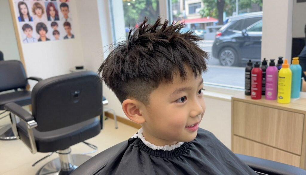 A young boy with cheerful, bright eyes showcases a trendy haircut featuring longer hair on top styled into playful tufts, while the sides are neatly tapered. The boy is sitting in a cozy barbershop chair, surrounded by colorful hair products and posters of hairstyles. Soft, natural lighting filters through a large window, highlighting the boy's joyful expression and the texture of his hair. The scene conveys a relaxed and vibrant atmosphere, emphasizing the modern and comfortable nature of preschool hairstyles. Capture this moment from a slightly elevated angle to add depth, focusing on the boy’s hairstyle while keeping the background elements slightly blurred to draw attention to him. The setting should evoke warmth and a friendly vibe. A young boy with cheerful, bright eyes showcases a trendy haircut featuring longer hair on top styled into playful tufts, while the sides are neatly tapered. The boy is sitting in a cozy barbershop chair, surrounded by colorful hair products and posters of hairstyles. Soft, natural lighting filters through a large window, highlighting the boy's joyful expression and the texture of his hair. The scene conveys a relaxed and vibrant atmosphere, emphasizing the modern and comfortable nature of preschool hairstyles. Capture this moment from a slightly elevated angle to add depth, focusing on the boy’s hairstyle while keeping the background elements slightly blurred to draw attention to him. The setting should evoke warmth and a friendly vibe.