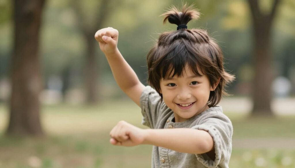 A young boy with longer hair styled in a top knot, exuding a playful yet adventurous spirit. The boy is of Caucasian ethnicity, wearing a comfortable, modest casual outfit, with a bright smile on his face. In the foreground, focus on his hairstyle, capturing the details of the top knot and loose strands of hair framing his face. In the middle, the boy is positioned engagingly, perhaps playing or striking a heroic pose reminiscent of a samurai. The background features a serene park setting with soft, natural light filtering through the trees, creating a warm and inviting atmosphere. The scene should convey a sense of youthful energy, adventure, and creativity. A young boy with longer hair styled in a top knot, exuding a playful yet adventurous spirit. The boy is of Caucasian ethnicity, wearing a comfortable, modest casual outfit, with a bright smile on his face. In the foreground, focus on his hairstyle, capturing the details of the top knot and loose strands of hair framing his face. In the middle, the boy is positioned engagingly, perhaps playing or striking a heroic pose reminiscent of a samurai. The background features a serene park setting with soft, natural light filtering through the trees, creating a warm and inviting atmosphere. The scene should convey a sense of youthful energy, adventure, and creativity.