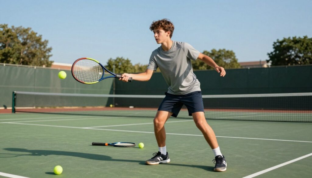 A young male tennis player, embodying the early stages of his career, is meticulously practicing on a vibrant green tennis court. In the foreground, he is in a focused stance, preparing for a forehand shot, wearing a simple yet stylish sports outfit – a fitted t-shirt and shorts with tennis shoes. In the middle ground, tennis equipment like a racket and balls are scattered, emphasizing the theme of dedication and hard work. The background features a clear blue sky and a few trees lining the court, symbolizing hope and growth. Soft, natural lighting casts gentle shadows, creating a warm and inspiring atmosphere. The image captures the essence of ambition and the journey towards professional tennis, reflecting determination and youthful energy.