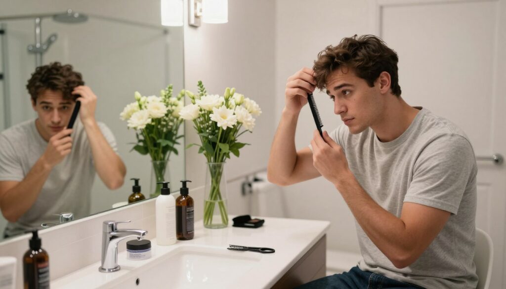 A young man in a stylish casual outfit, sitting in a well-lit bathroom, carefully grooming himself in preparation for a visit to the barber. The foreground features a mirror reflecting his focused expression as he styles his hair with a comb, surrounded by grooming products like pomade and scissors on the countertop. In the middle, a vase with fresh flowers adds a touch of freshness to the space, while bathroom accessories are organized neatly. The background includes a modern shower and soft, ambient lighting, enhancing the atmosphere of calm and anticipation. The overall mood is one of excitement and confidence, highlighting the importance of personal grooming before a haircut.