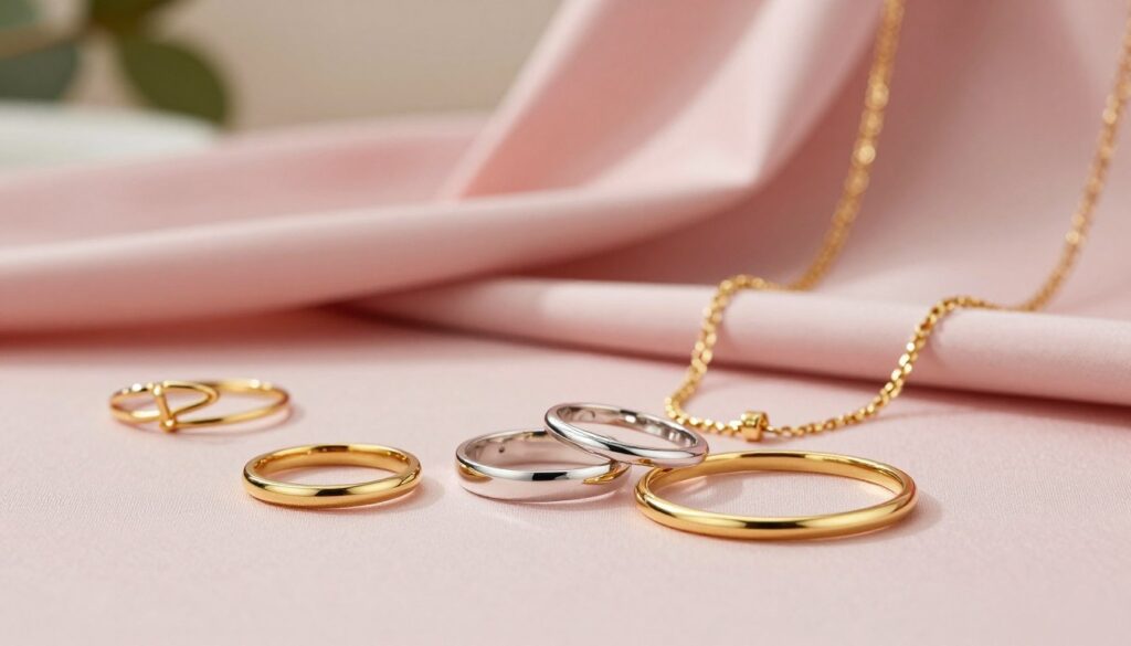 An elegant flat lay of modern jewelry that showcases the art of combining metals. In the foreground, a delicate arrangement of gold and silver pieces, including rings, bracelets, and necklaces, intricately intertwined to display their harmonious blend. The middle ground features soft pink fabric draped elegantly, simulating the texture of a pink dress, enhancing the overall aesthetic. In the background, a subtle blurred effect creates depth, suggesting a softly lit room with hints of greenery. The warm, inviting lighting adds a luxurious glow to the metals, emphasizing their shine and craftsmanship. The mood is sophisticated and contemporary, focusing on the principles of mixing metals in stylish jewelry design.