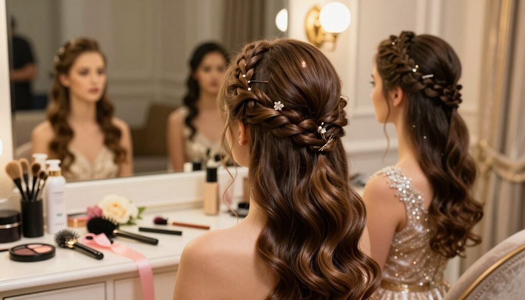 Create an elegant and sophisticated scene showcasing a variety of stylish updos for long hair, perfect for a glamorous evening event. In the foreground, display a beautifully styled hair arrangement featuring intricate braids, delicate twists, and decorative hairpins. The hair should gleam with a healthy shine, reflecting soft, warm lighting that enhances the elegance of the styles. In the middle ground, include a vanity table adorned with hair styling tools and embellishments like flowers and ribbons, highlighting the creativity behind the looks. The background should have a softly blurred, luxurious setting, such as a tastefully decorated room with ambient light that conveys a celebratory atmosphere. Capture the mood of excitement and elegance, perfect for a night out. Create an elegant and sophisticated scene showcasing a variety of stylish updos for long hair, perfect for a glamorous evening event. In the foreground, display a beautifully styled hair arrangement featuring intricate braids, delicate twists, and decorative hairpins. The hair should gleam with a healthy shine, reflecting soft, warm lighting that enhances the elegance of the styles. In the middle ground, include a vanity table adorned with hair styling tools and embellishments like flowers and ribbons, highlighting the creativity behind the looks. The background should have a softly blurred, luxurious setting, such as a tastefully decorated room with ambient light that conveys a celebratory atmosphere. Capture the mood of excitement and elegance, perfect for a night out.