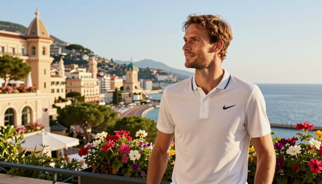 Wojciech Fibak, a sophisticated and accomplished tennis player, is depicted in a picturesque Monte Carlo setting. In the foreground, he is dressed in smart casual attire, enjoying a sunny afternoon on a terrace with a stunning view of the Mediterranean Sea. The middle ground features elegant buildings typical of Monte Carlo architecture, their facades bathed in warm sunlight. Bright, blooming flowers and lush greenery frame the scene, adding a touch of vibrancy. In the background, the serene blue of the sea meets the sky, creating a tranquil atmosphere. Soft, golden hour lighting highlights Fibak's expression, conveying a sense of contentment and success as he balances his life between Poland and the world. Wojciech Fibak, a sophisticated and accomplished tennis player, is depicted in a picturesque Monte Carlo setting. In the foreground, he is dressed in smart casual attire, enjoying a sunny afternoon on a terrace with a stunning view of the Mediterranean Sea. The middle ground features elegant buildings typical of Monte Carlo architecture, their facades bathed in warm sunlight. Bright, blooming flowers and lush greenery frame the scene, adding a touch of vibrancy. In the background, the serene blue of the sea meets the sky, creating a tranquil atmosphere. Soft, golden hour lighting highlights Fibak's expression, conveying a sense of contentment and success as he balances his life between Poland and the world.